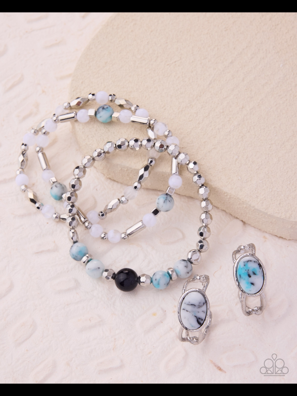 Paparazzi White & Blue Marble Beaded Bracelet Set And Earrings